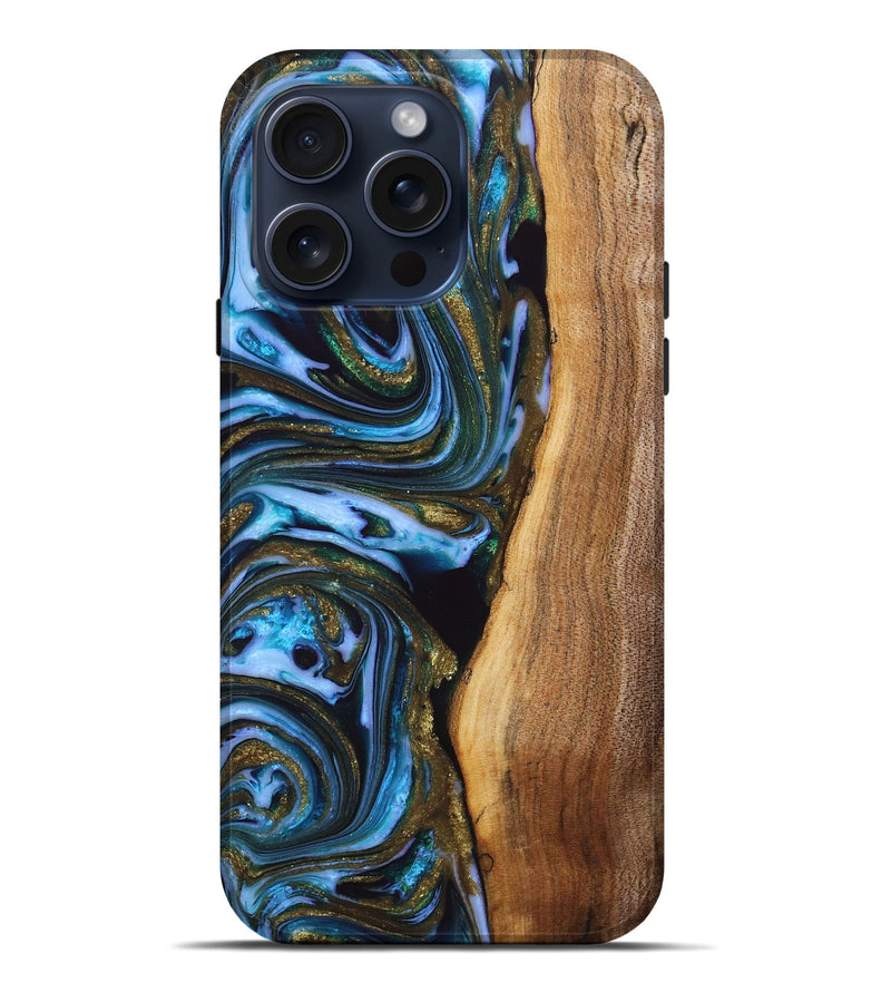 iPhone 15 Pro Max Wood+Resin Live Edge Phone Case - Stephanie (Teal & Gold, 665402)