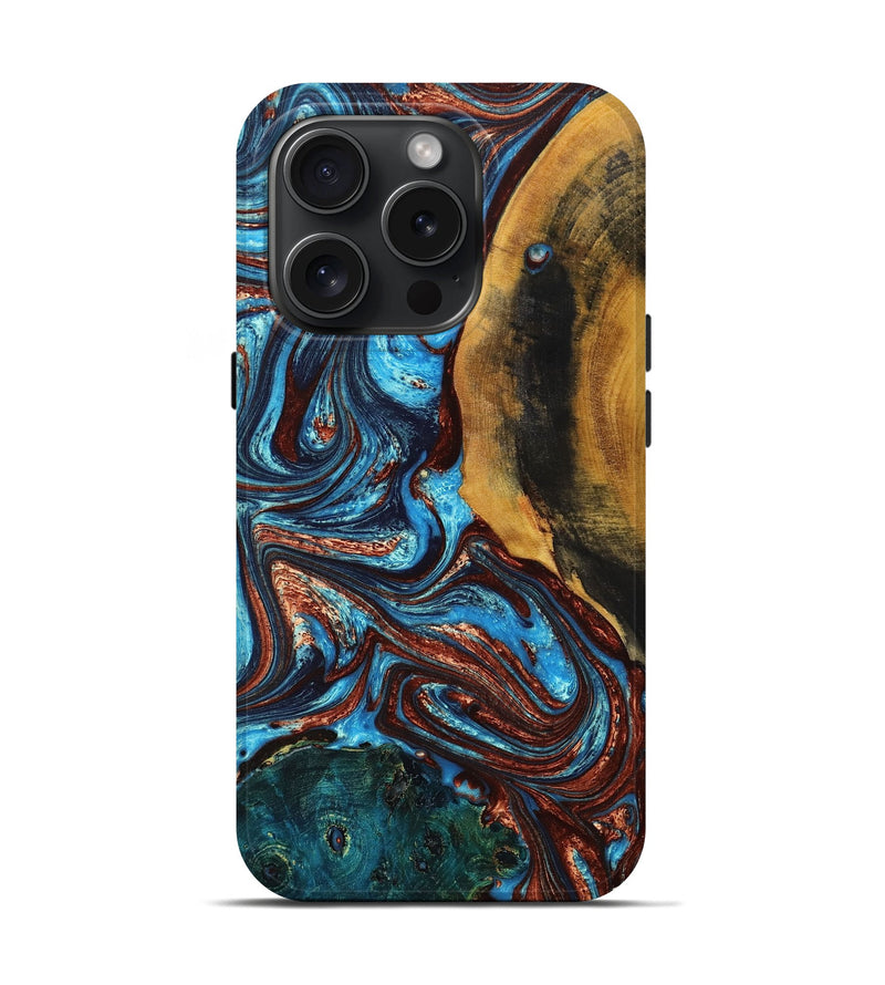 iPhone 15 Pro Wood+Resin Live Edge Phone Case - Yvonne (Teal & Gold, 665404)
