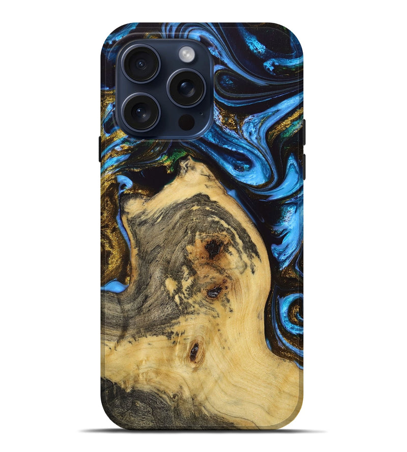 iPhone 15 Pro Max Wood+Resin Live Edge Phone Case - Ximena (Teal & Gold, 665405)