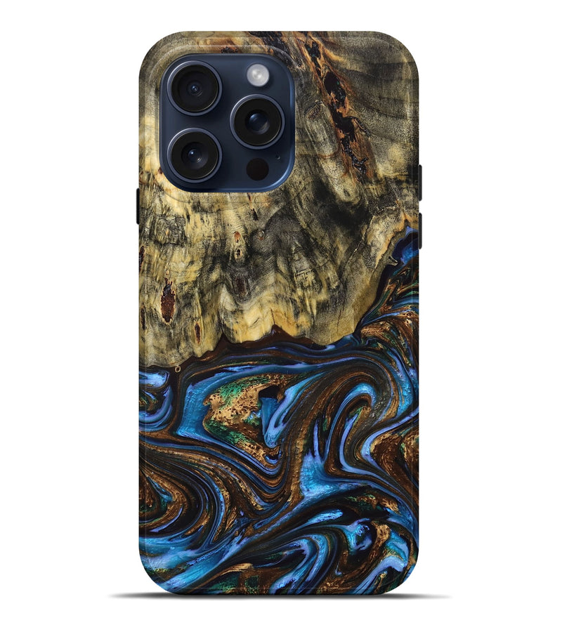 iPhone 15 Pro Max Wood+Resin Live Edge Phone Case - Rylee (Teal & Gold, 665406)