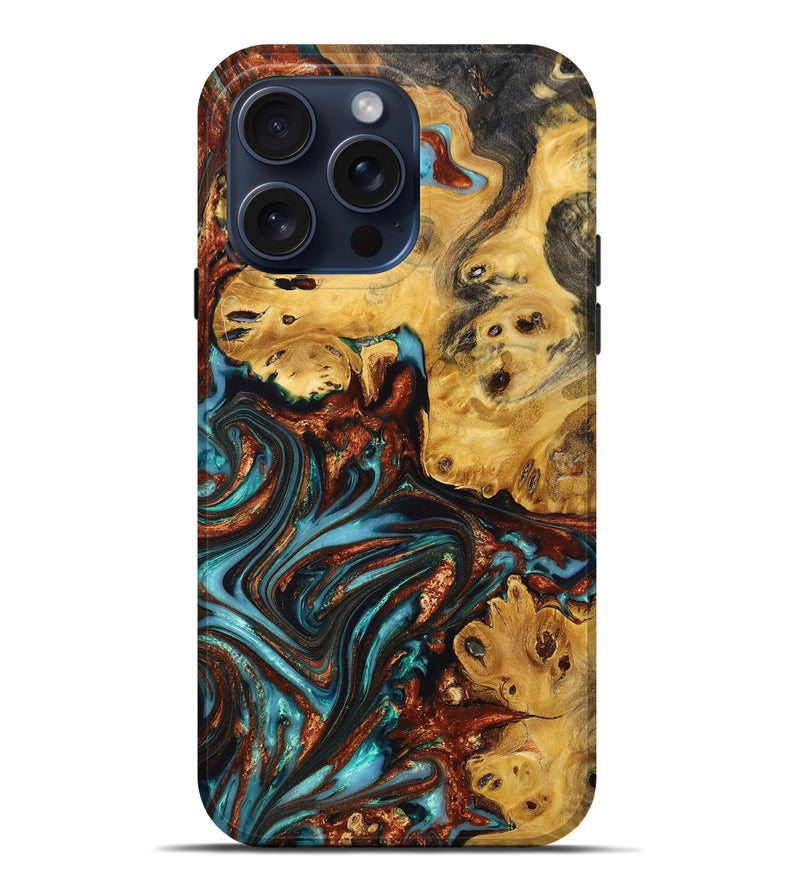 iPhone 15 Pro Max Wood+Resin Live Edge Phone Case - Elmer (Teal & Gold, 665407)