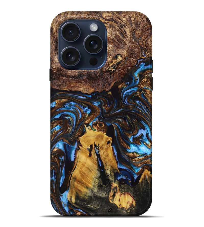 iPhone 15 Pro Max Wood+Resin Live Edge Phone Case - Kris (Teal & Gold, 665409)