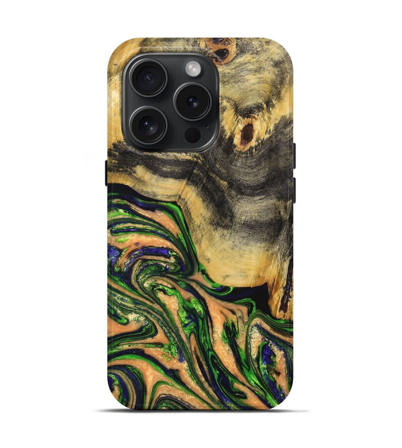 iPhone 15 Pro Wood+Resin Live Edge Phone Case - Miracle (Green, 665417)