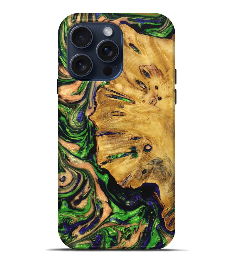 iPhone 15 Pro Max Wood+Resin Live Edge Phone Case - Elijah (Green, 665418)