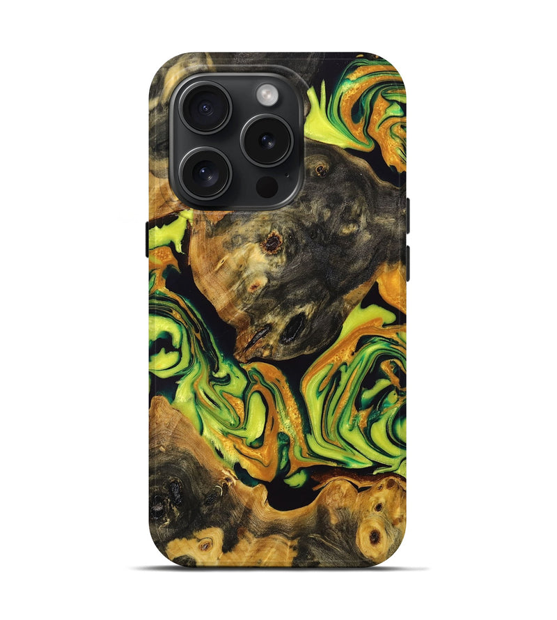iPhone 15 Pro Wood+Resin Live Edge Phone Case - Katlyn (Green, 665419)