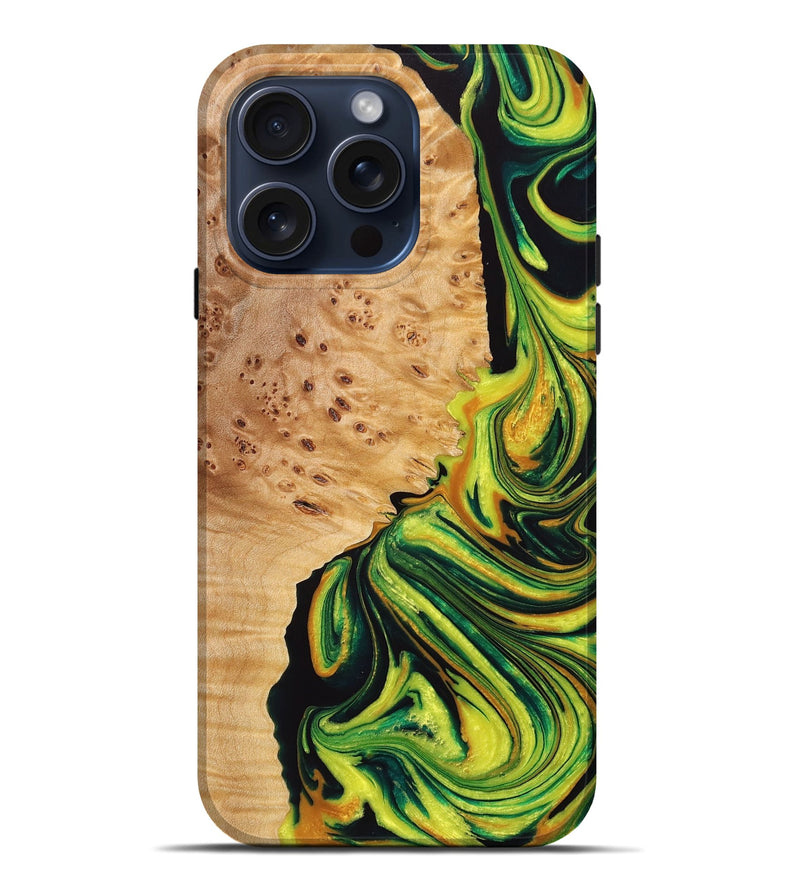 iPhone 15 Pro Max Wood+Resin Live Edge Phone Case - Nayeli (Green, 665420)