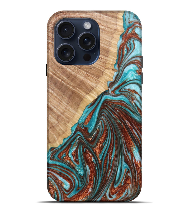 iPhone 15 Pro Max Wood+Resin Live Edge Phone Case - Arielle (Teal & Gold, 665443)