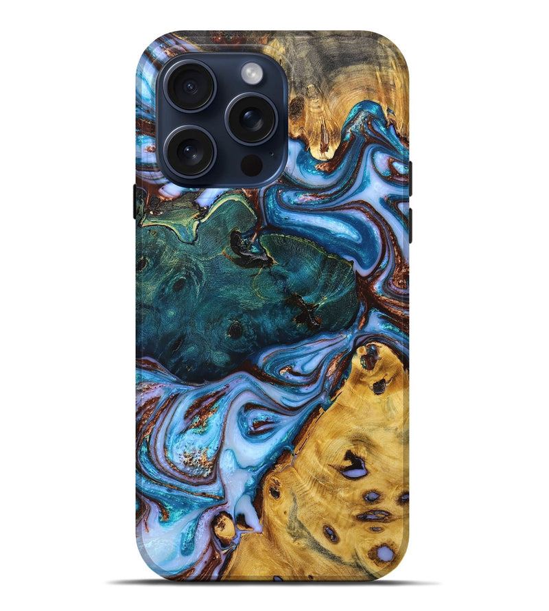 iPhone 15 Pro Max Wood+Resin Live Edge Phone Case - Gracelyn (Teal & Gold, 665444)