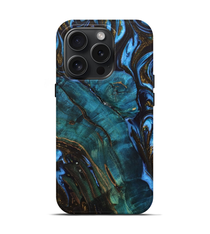 iPhone 15 Pro Wood+Resin Live Edge Phone Case - Lynette (Teal & Gold, 665445)