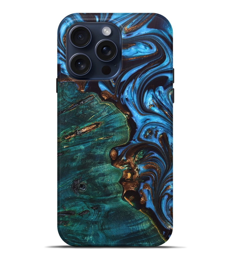 iPhone 15 Pro Max Wood+Resin Live Edge Phone Case - Reginald (Teal & Gold, 665690)