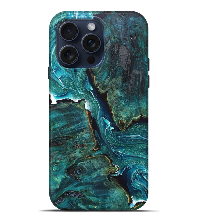 iPhone 15 Pro Max Wood+Resin Live Edge Phone Case - Landen (Green, 665691)