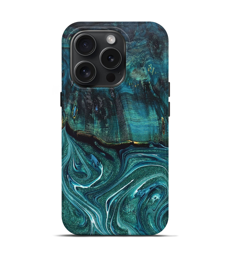 iPhone 15 Pro Wood+Resin Live Edge Phone Case - Kate (Green, 665695)