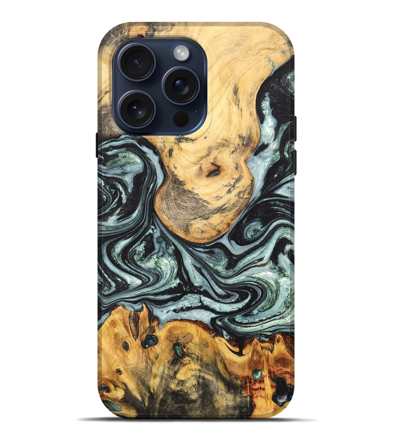 iPhone 15 Pro Max Wood+Resin Live Edge Phone Case - Emilee (Green, 665696)