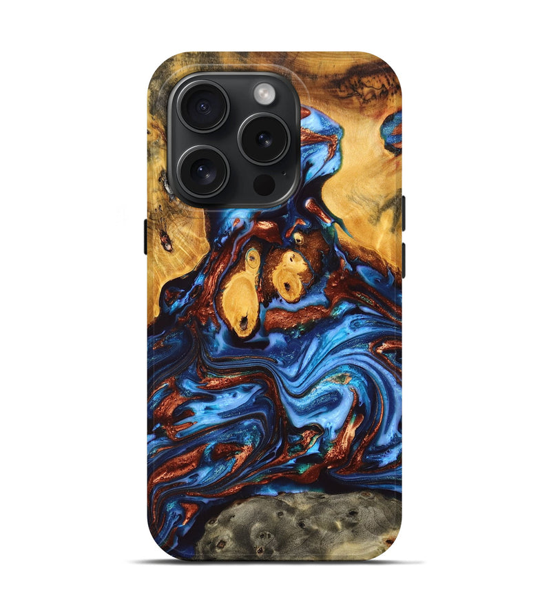 iPhone 15 Pro Wood+Resin Live Edge Phone Case - Gina (Teal & Gold, 665697)