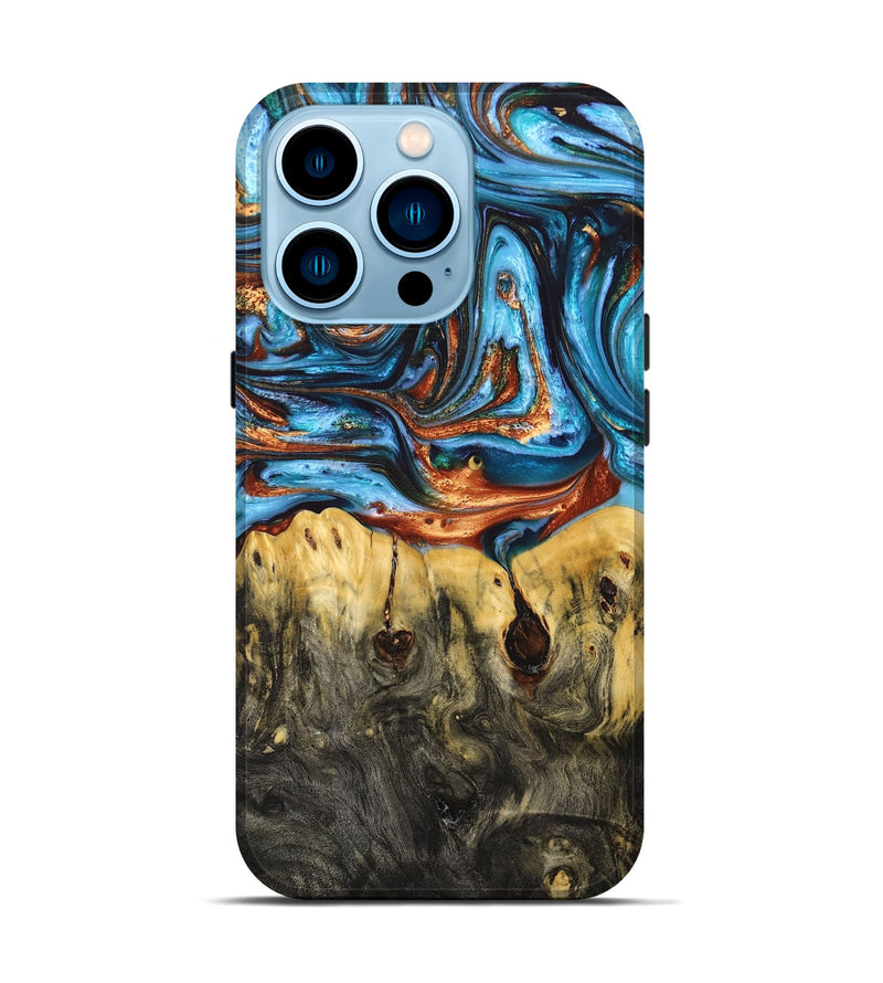 iPhone 14 Pro Wood+Resin Live Edge Phone Case - Freya (Teal & Gold, 665698)