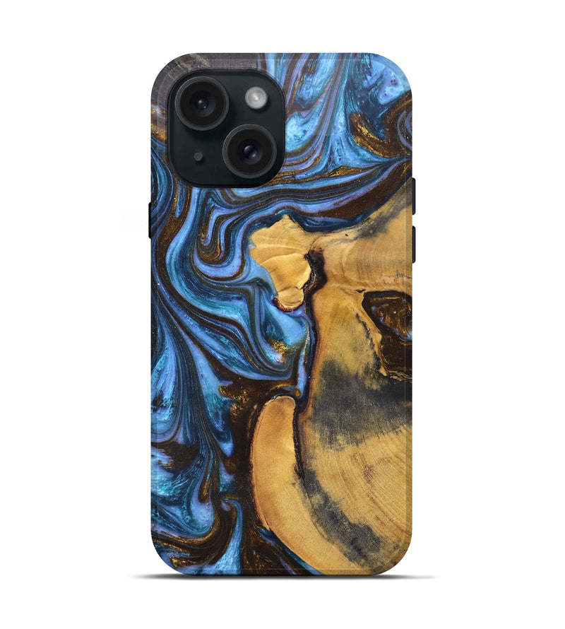 iPhone 15 Wood+Resin Live Edge Phone Case - Kassidy (Teal & Gold, 665714)