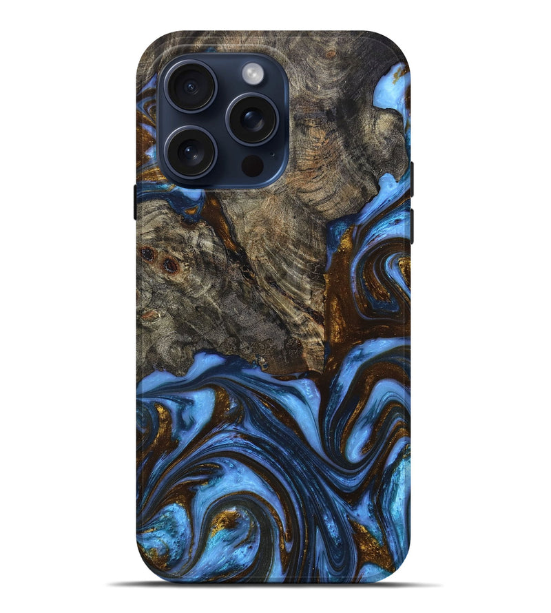iPhone 15 Pro Max Wood+Resin Live Edge Phone Case - Susie (Teal & Gold, 665716)