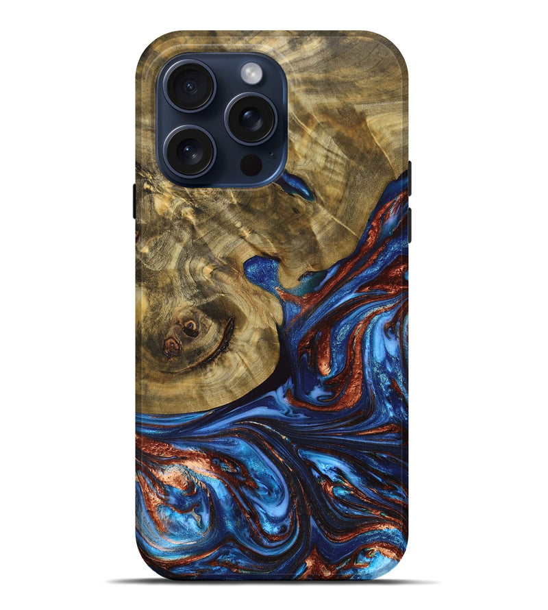 iPhone 15 Pro Max Wood+Resin Live Edge Phone Case - Drake (Teal & Gold, 665717)