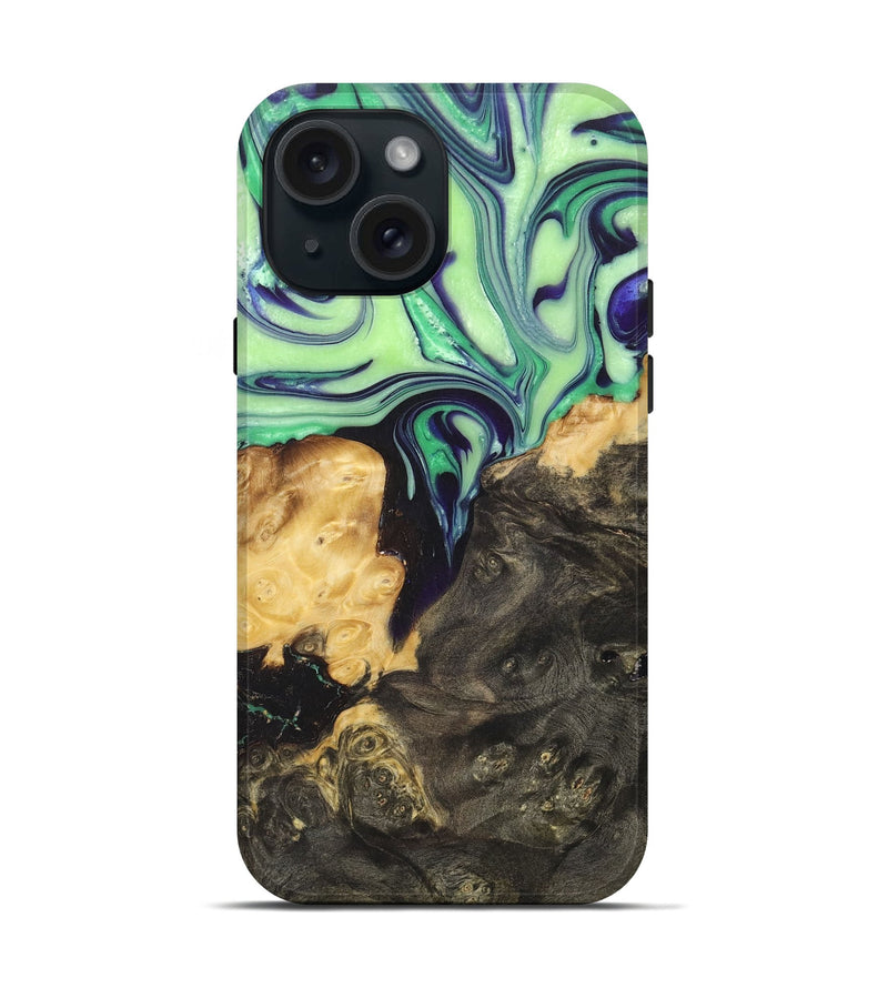 iPhone 15 Wood+Resin Live Edge Phone Case - Shanice (Green, 665950)