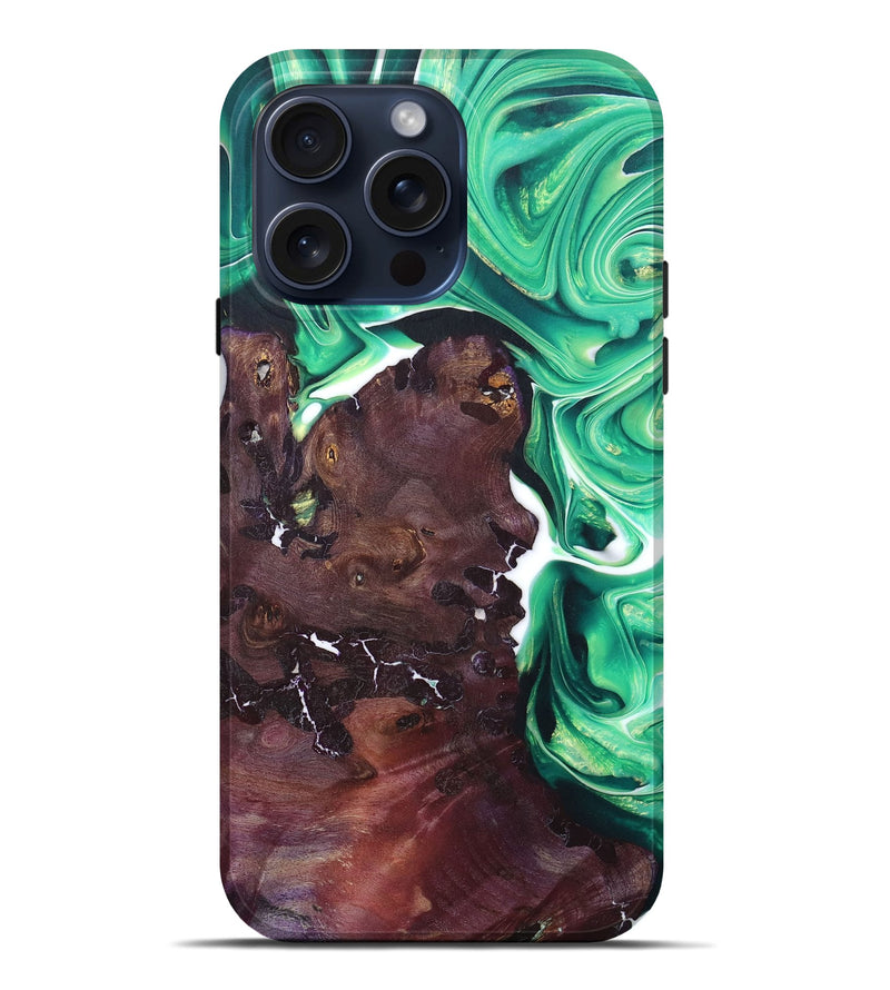 iPhone 15 Pro Max Wood+Resin Live Edge Phone Case - Bryanna (Green, 665953)
