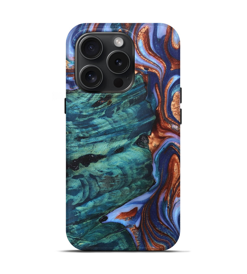 iPhone 15 Pro Wood+Resin Live Edge Phone Case - Tamara (Teal & Gold, 665956)