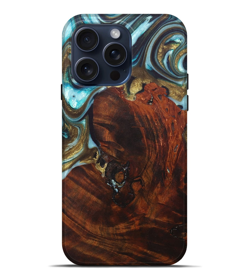 iPhone 15 Pro Max Wood+Resin Live Edge Phone Case - Ernestine (Teal & Gold, 665957)
