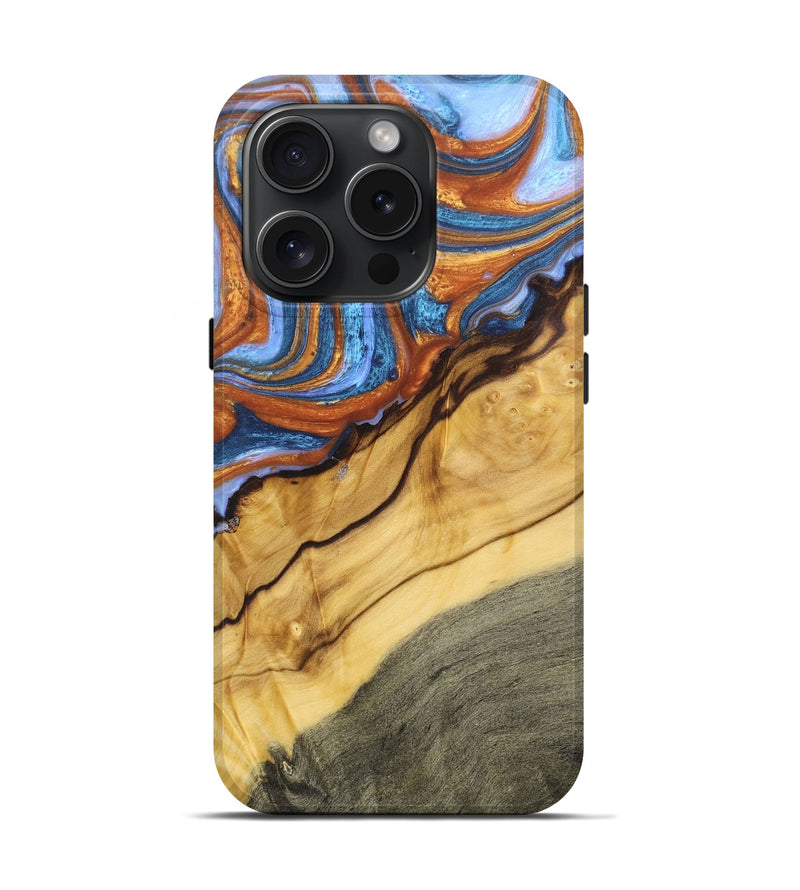 iPhone 15 Pro Wood+Resin Live Edge Phone Case - Beulah (Teal & Gold, 665958)