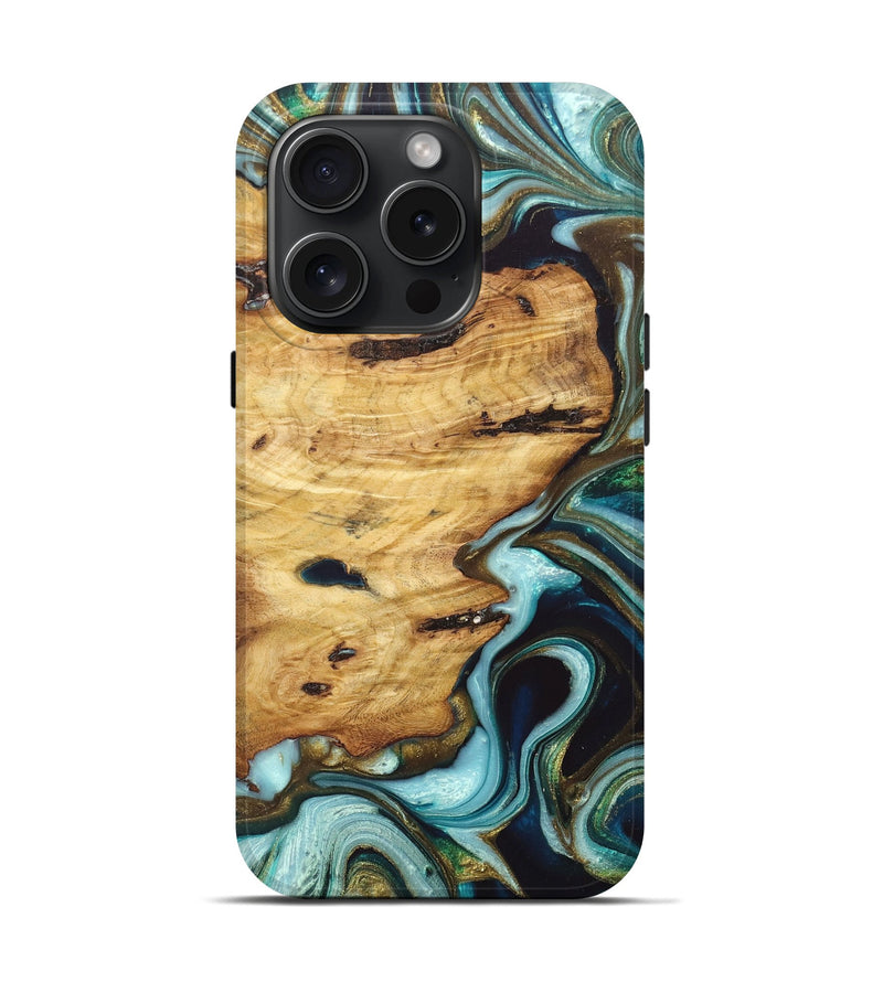 iPhone 15 Pro Wood+Resin Live Edge Phone Case - Latasha (Teal & Gold, 665959)