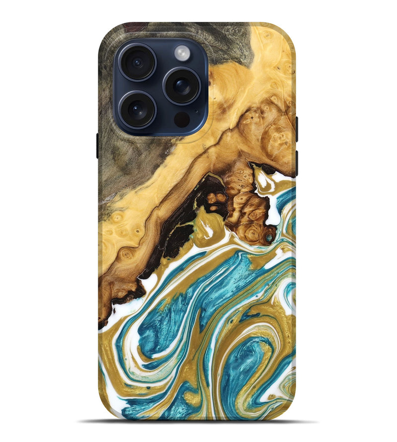 iPhone 15 Pro Max Wood+Resin Live Edge Phone Case - Madelyn (Teal & Gold, 665963)