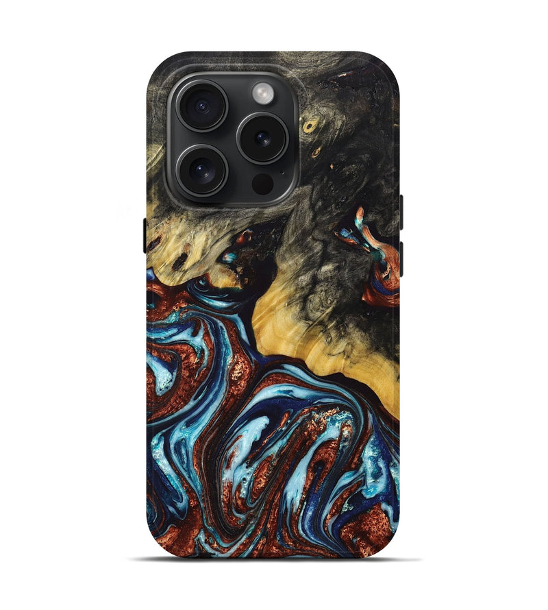 iPhone 15 Pro Wood+Resin Live Edge Phone Case - Mattie (Teal & Gold, 665964)
