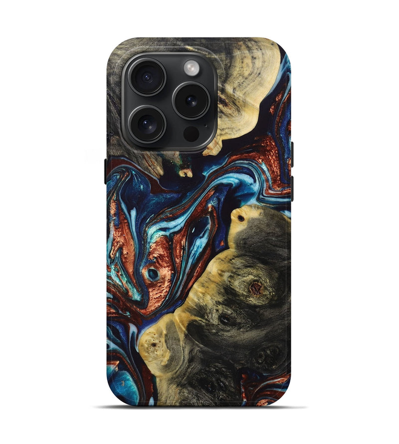 iPhone 15 Pro Wood+Resin Live Edge Phone Case - Lacey (Teal & Gold, 665965)