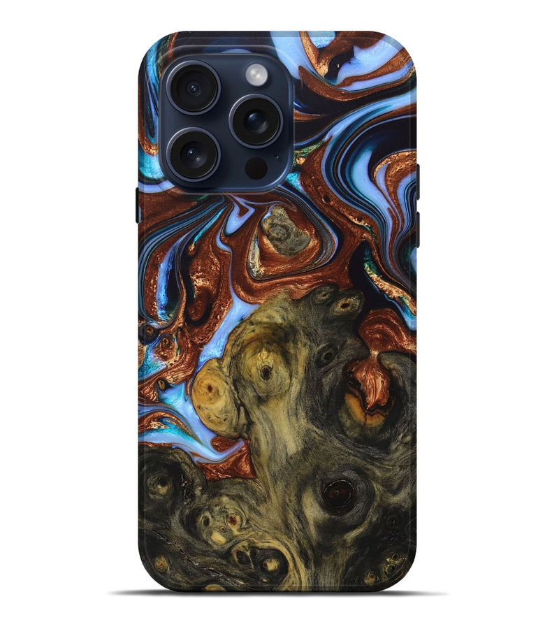 iPhone 15 Pro Max Wood+Resin Live Edge Phone Case - Julia (Teal & Gold, 665966)