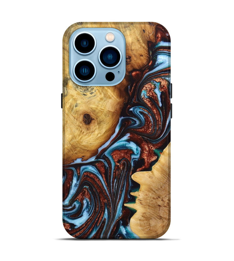 iPhone 14 Pro Wood+Resin Live Edge Phone Case - Jillian (Teal & Gold, 665967)