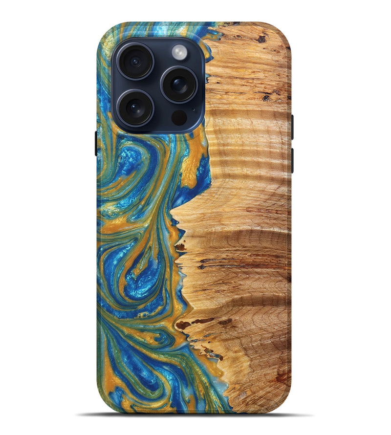 iPhone 15 Pro Max Wood+Resin Live Edge Phone Case - Rudy (Teal & Gold, 665969)