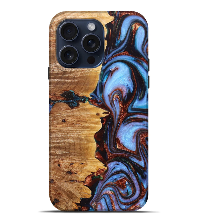 iPhone 15 Pro Max Wood+Resin Live Edge Phone Case - Talan (Teal & Gold, 665971)