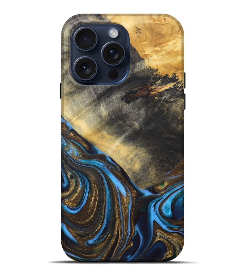 iPhone 15 Pro Max Wood+Resin Live Edge Phone Case - Amina (Teal & Gold, 665973)