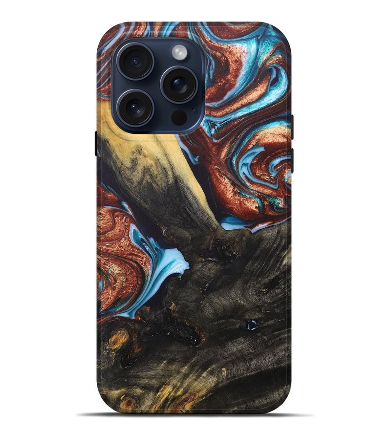 iPhone 15 Pro Max Wood+Resin Live Edge Phone Case - Lester (Teal & Gold, 665974)