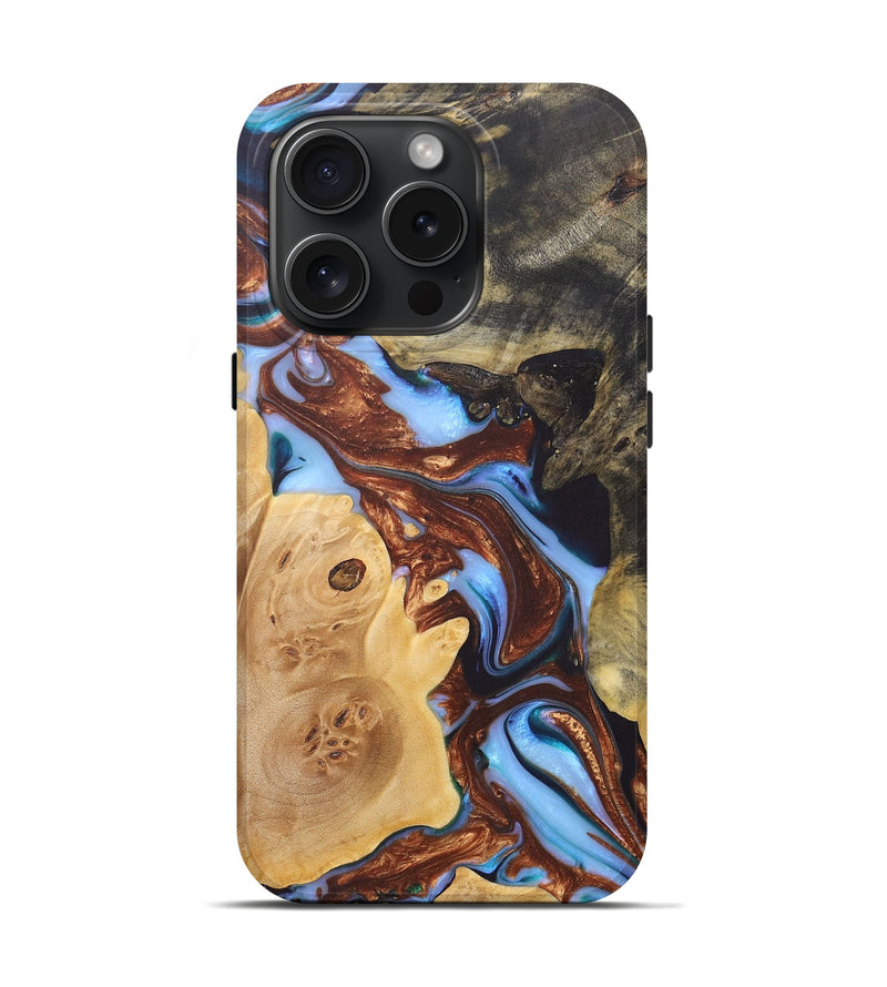 iPhone 15 Pro Wood+Resin Live Edge Phone Case - Lawrence (Teal & Gold, 665975)