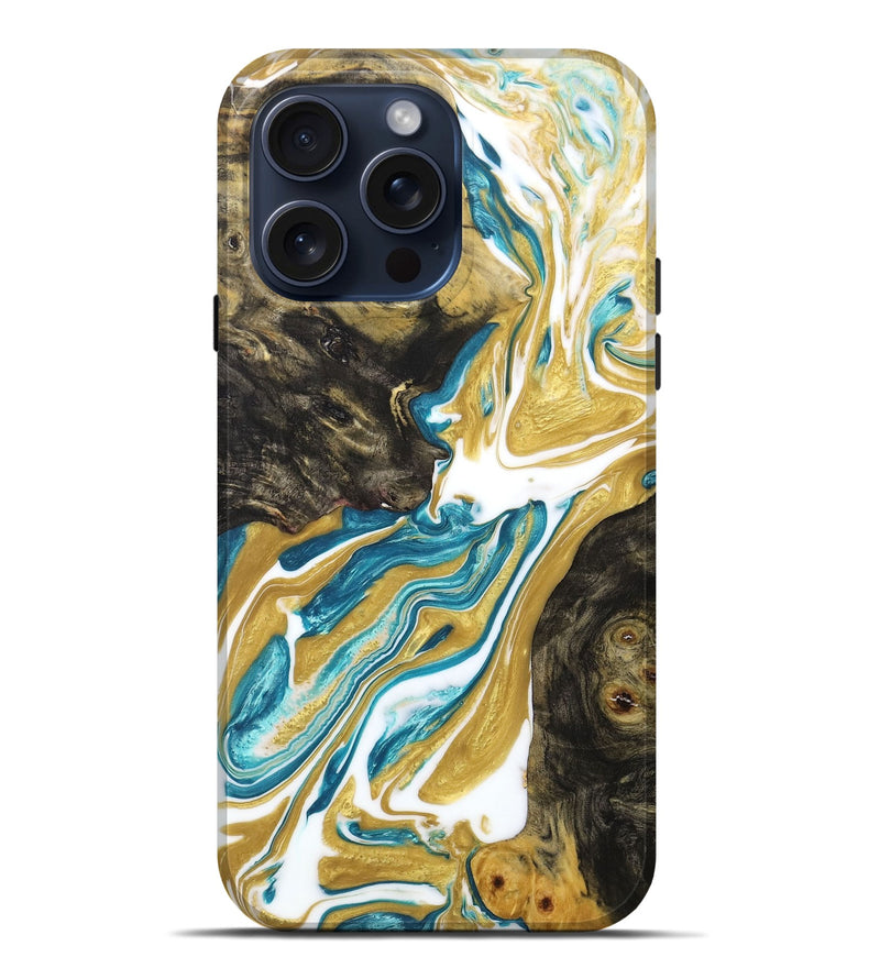 iPhone 15 Pro Max Wood+Resin Live Edge Phone Case - Scott (Teal & Gold, 665976)