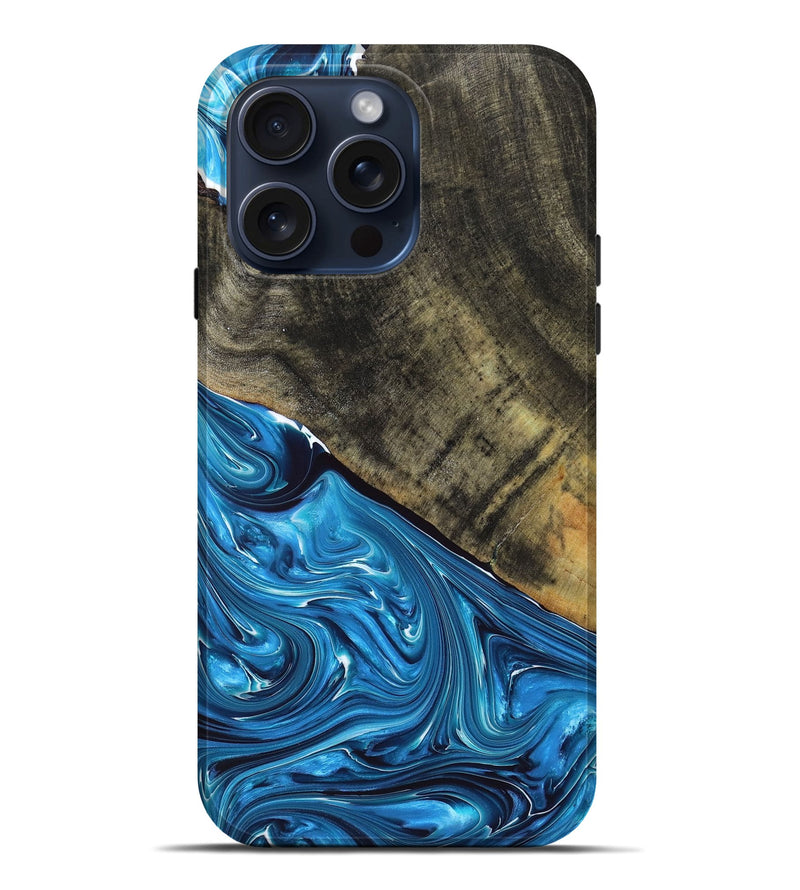 iPhone 15 Pro Max Wood+Resin Live Edge Phone Case - Iesha (Blue, 666904)