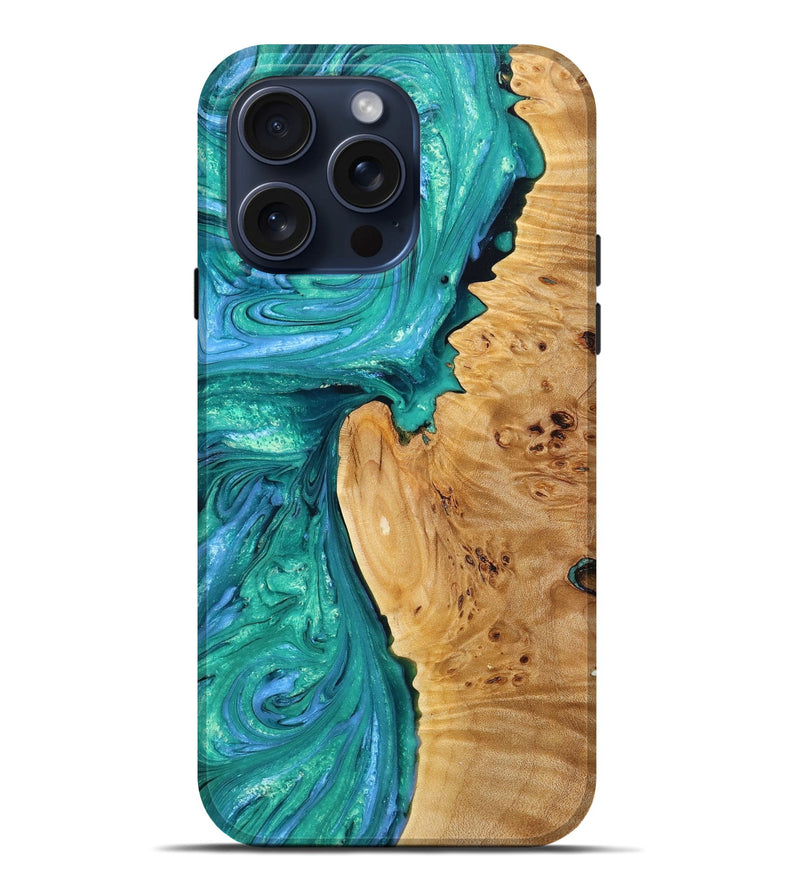 iPhone 15 Pro Max Wood+Resin Live Edge Phone Case - Gustavo (Green, 666915)