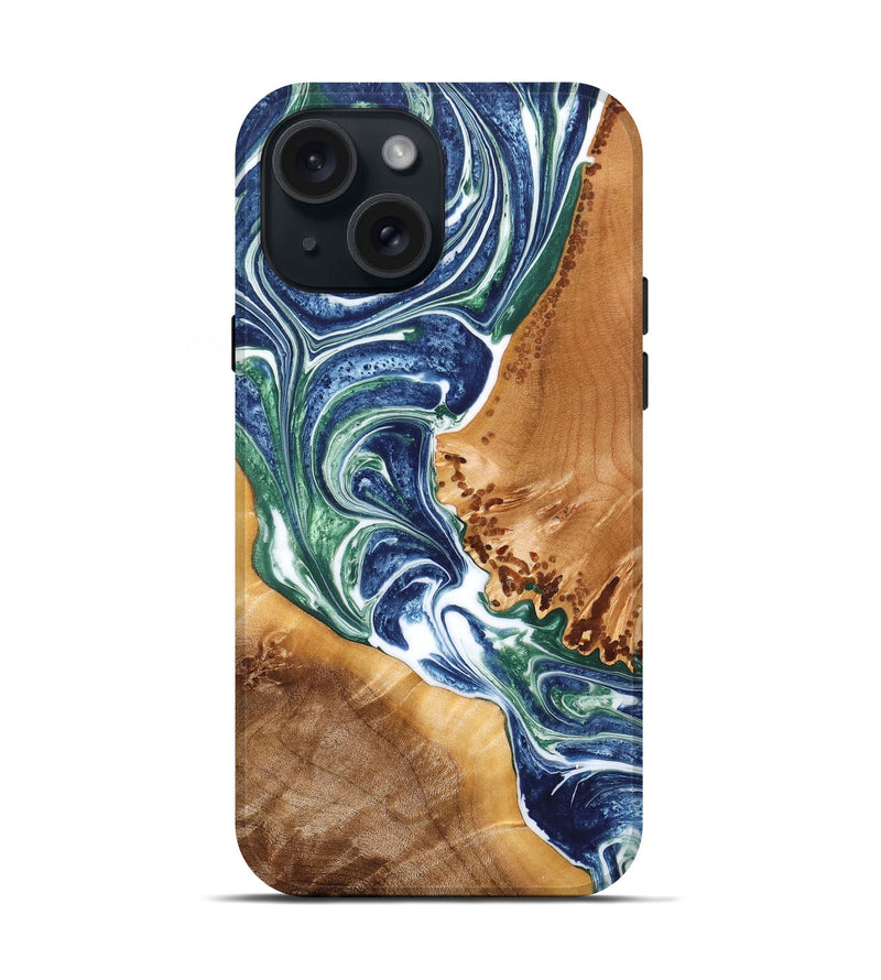 iPhone 15 Wood+Resin Live Edge Phone Case - Mary (Blue, 667108)