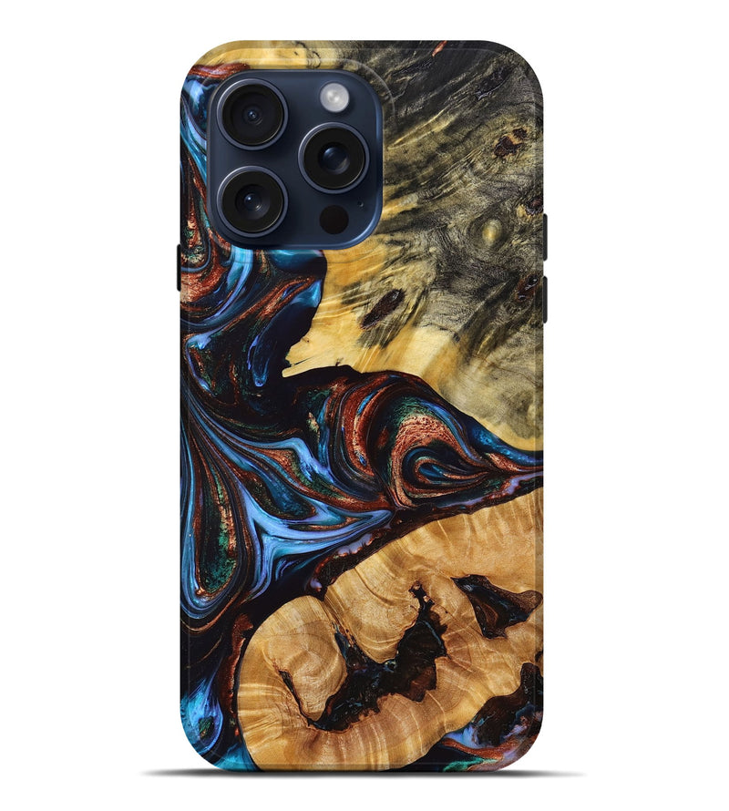 iPhone 15 Pro Max Wood+Resin Live Edge Phone Case - Woodrow (Teal & Gold, 667118)