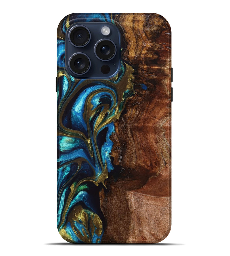iPhone 15 Pro Max Wood+Resin Live Edge Phone Case - Jolene (Teal & Gold, 667120)