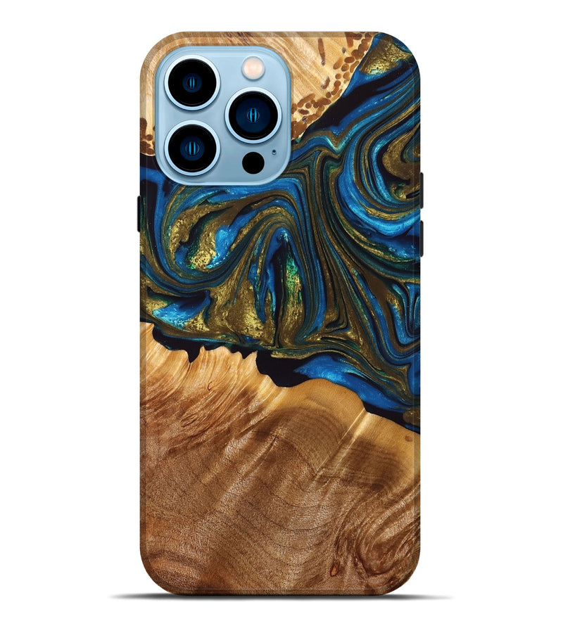 iPhone 14 Pro Max Wood+Resin Live Edge Phone Case - Haylee (Teal & Gold, 667121)