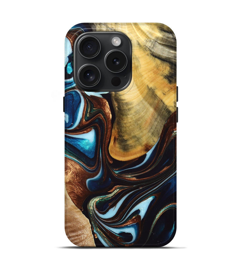 iPhone 15 Pro Wood+Resin Live Edge Phone Case - Gavin (Teal & Gold, 667122)