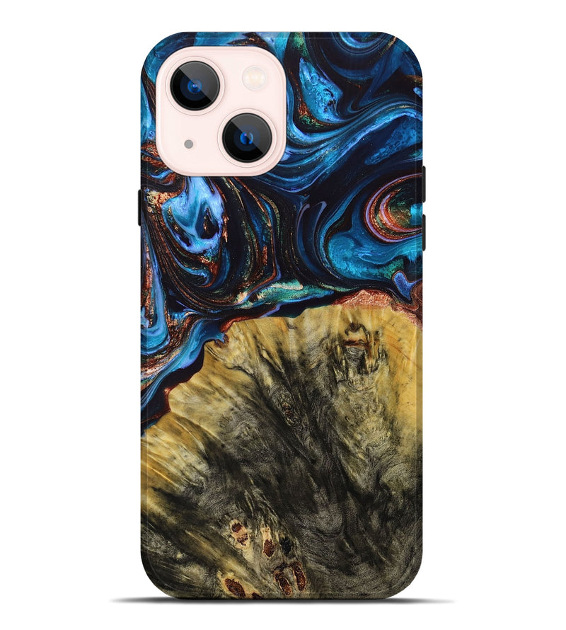 iPhone 14 Plus Wood+Resin Live Edge Phone Case - Gilbert (Teal & Gold, 667123)