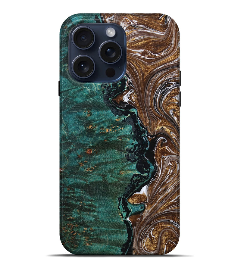 iPhone 15 Pro Max Wood+Resin Live Edge Phone Case - Hilda (Green, 667125)