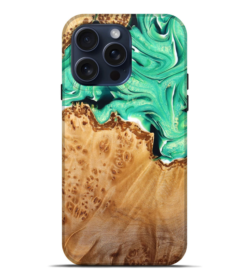 iPhone 15 Pro Max Wood+Resin Live Edge Phone Case - Aliyah (Green, 667134)