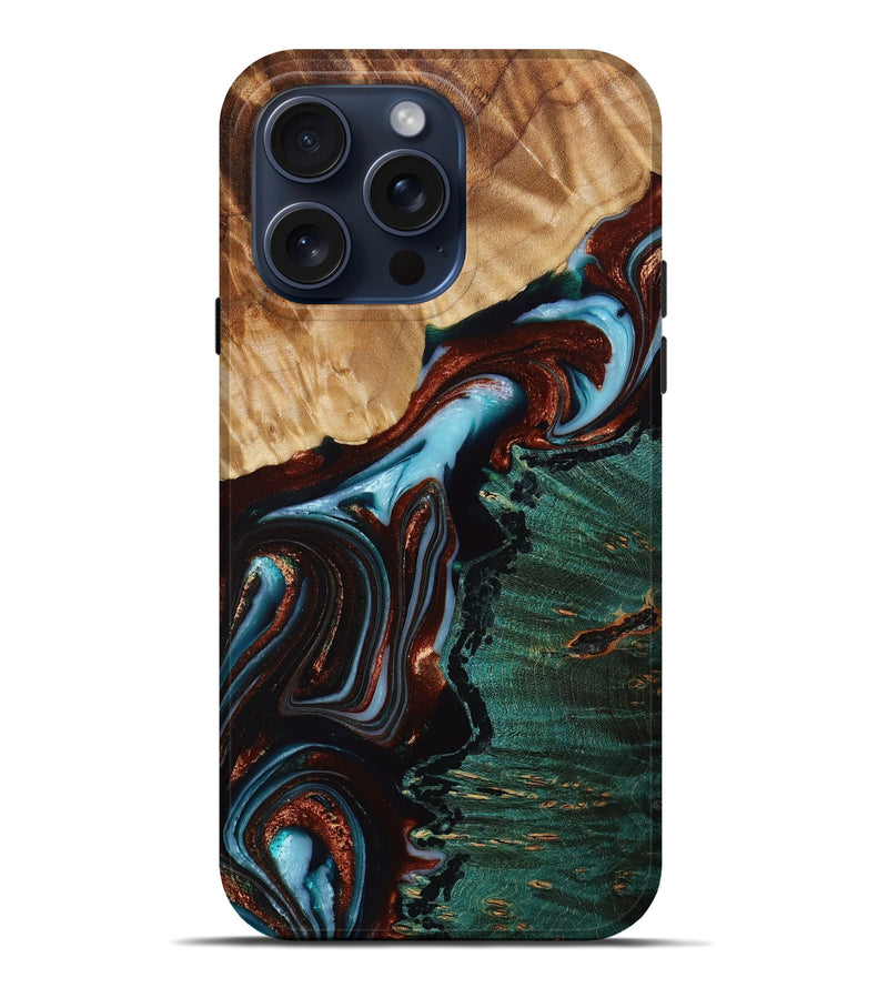 iPhone 15 Pro Max Wood+Resin Live Edge Phone Case - Alton (Teal & Gold, 667284)